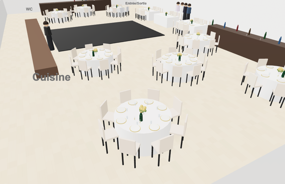 Rendu 3D d'une salle de réception avec tables, bar et piste de danse